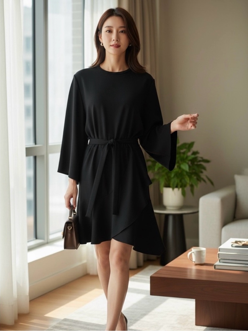 IRO Black Long-Sleeve Belted Mini Dress